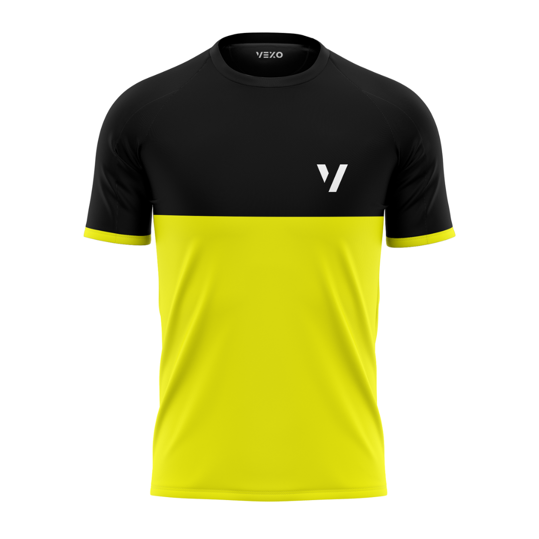 A short-sleeve athletic t-shirt with a color-blocked design, featuring a black upper section and a bright yellow lower section, with a small white stylized 'V' logo on the left chest. The brand name 'VEXZO' is visible on the inner neck label.