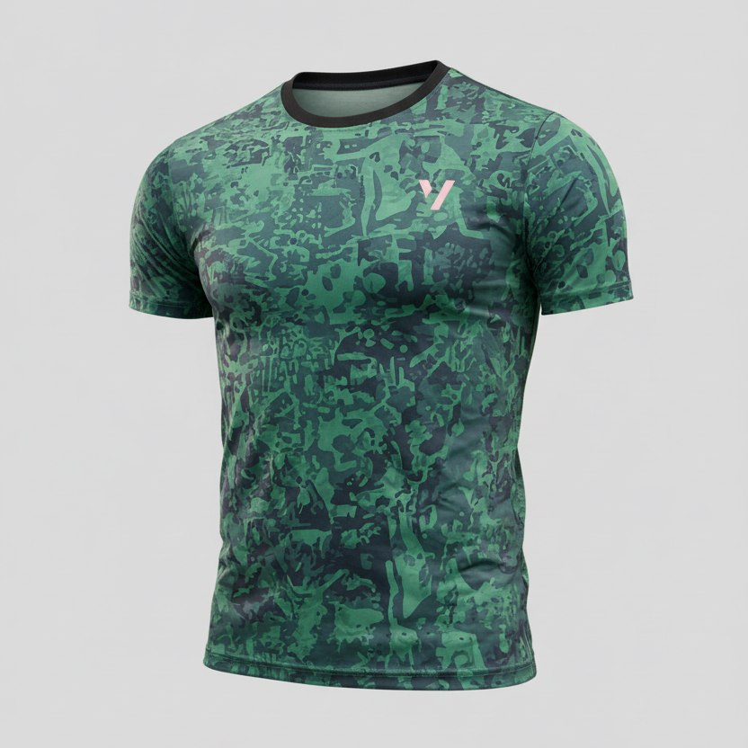 Green camouflage athletic shirt without neck logo
