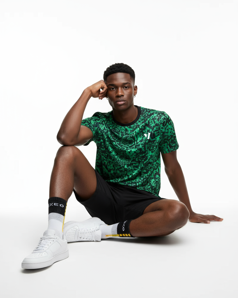 Tennis clothes for hot weather: Vexo Predator moisture-wicking tennis t-shirt for match play