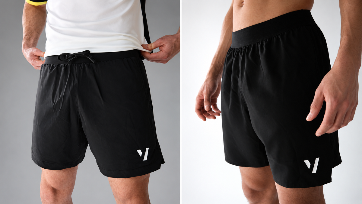 Vexo MatchMove and LightMove black tennis shorts side-by-side comparison showing fit, waistband and performance design.