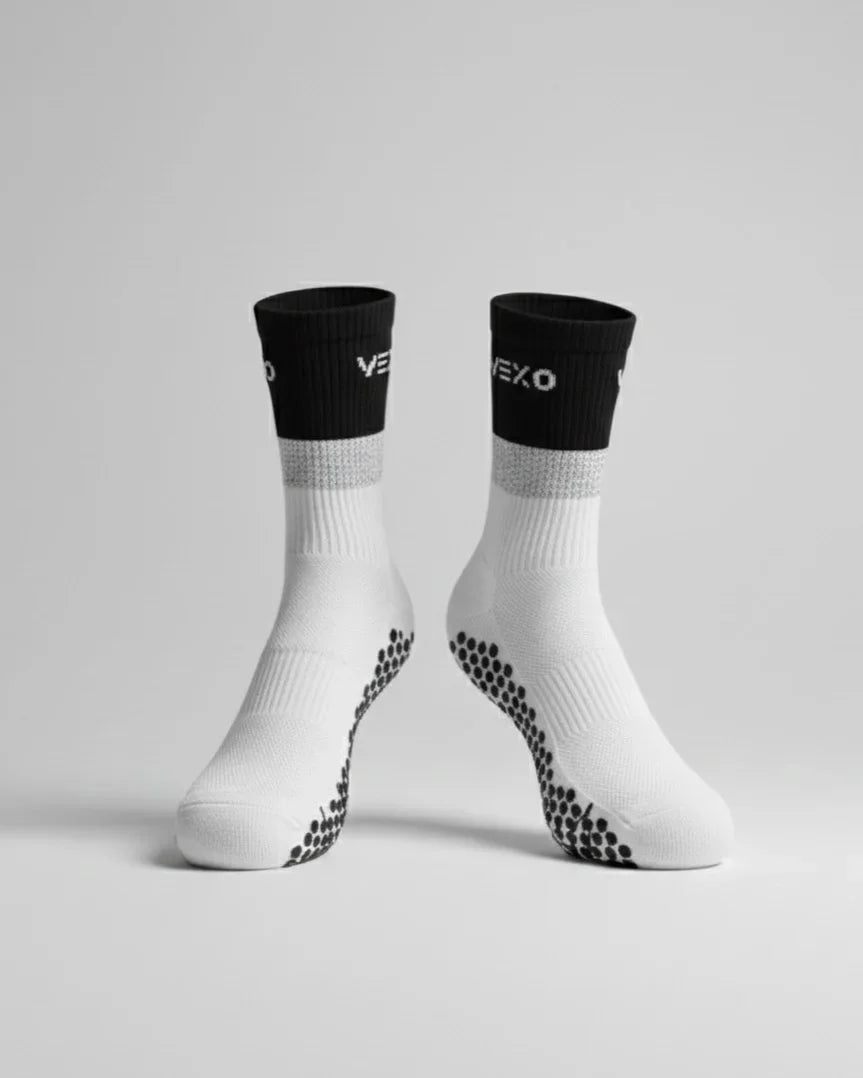 Vexo CourtGrip Socks (€28) are anatomically shaped for a left/right fit with reinforced heel and toe zones built for exactly that.
