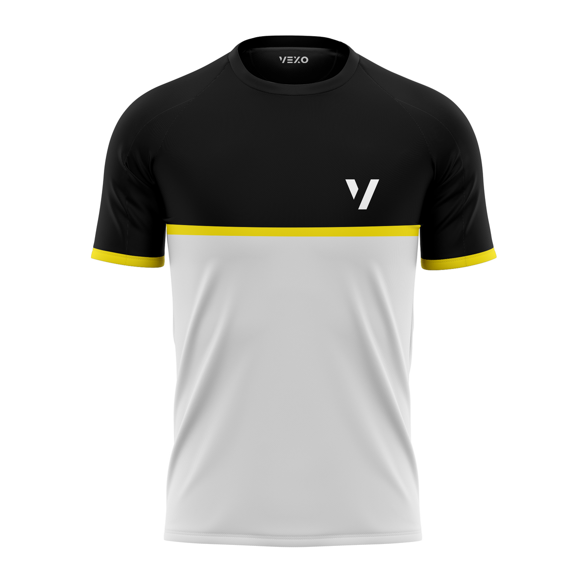 Black and white sports jersey with yellow accents on a white background
