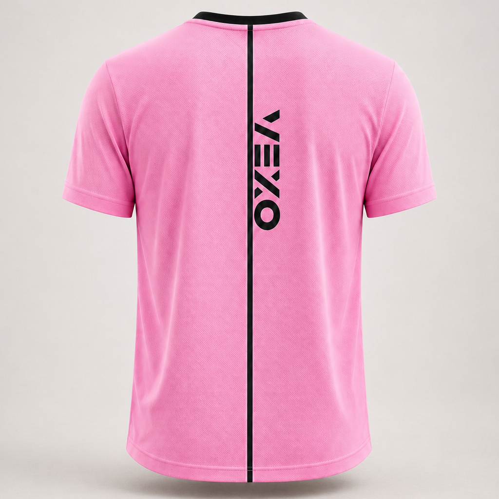 A pink short-sleeve athletic t-shirt shown from the back, featuring a vertical black zipper running down the center and the brand name 'VEXO' printed vertically in black on the back.
