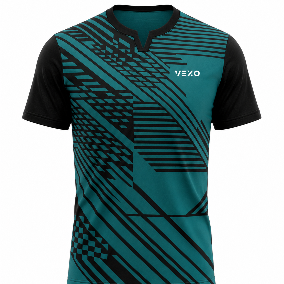 Teal and black sports jersey with geometric pattern on a white background