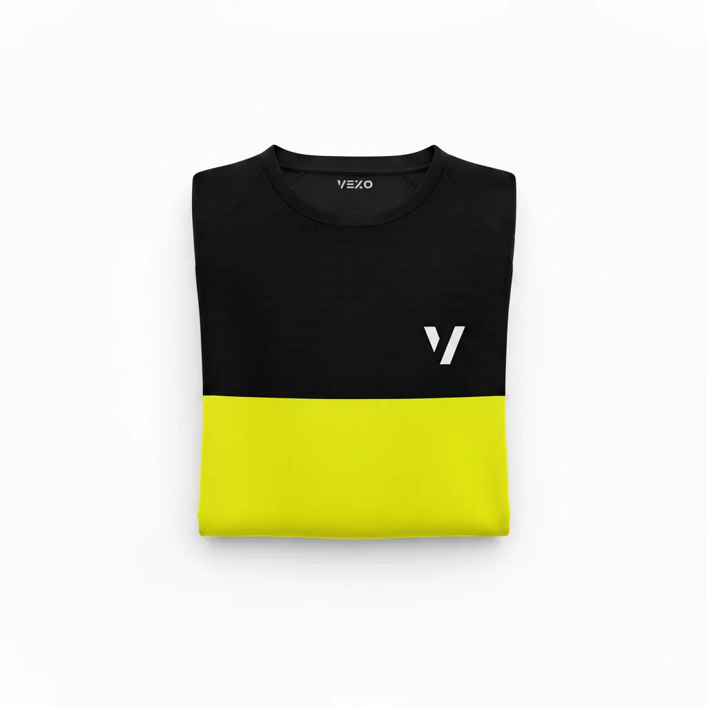 Black and yellow tennis shirt forward-facing fold
