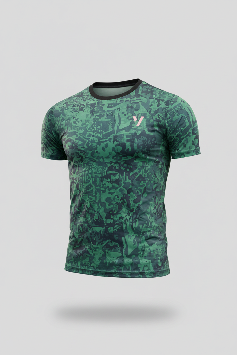 Green camouflage athletic shirt without neck logo